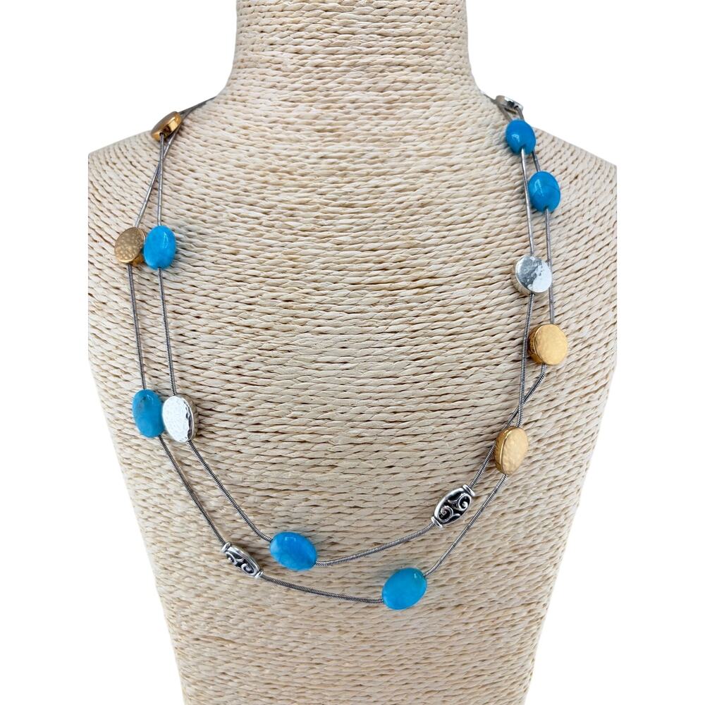 Brighton "Mediterranean" Hammered Two-Tone Disk and Turquoise Bead Long Necklace